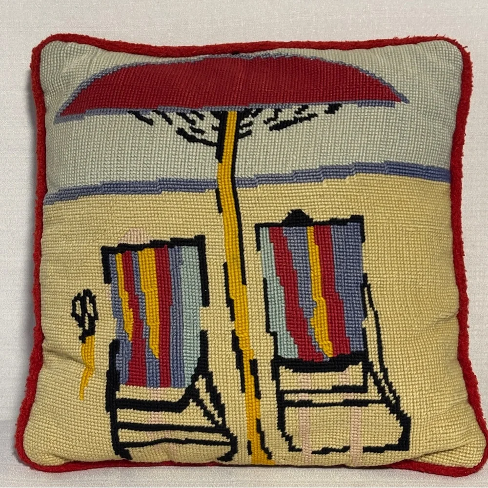 VTG Handmade Needlepoint Beach Scene Pillow 2 Chairs Umbrella Coastal